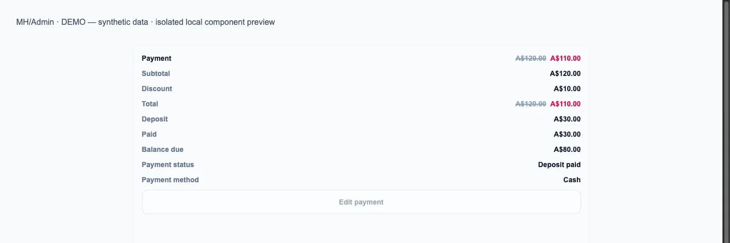 Payment records — Actual Admin components rendered locally with synthetic demo data; not a live shop.