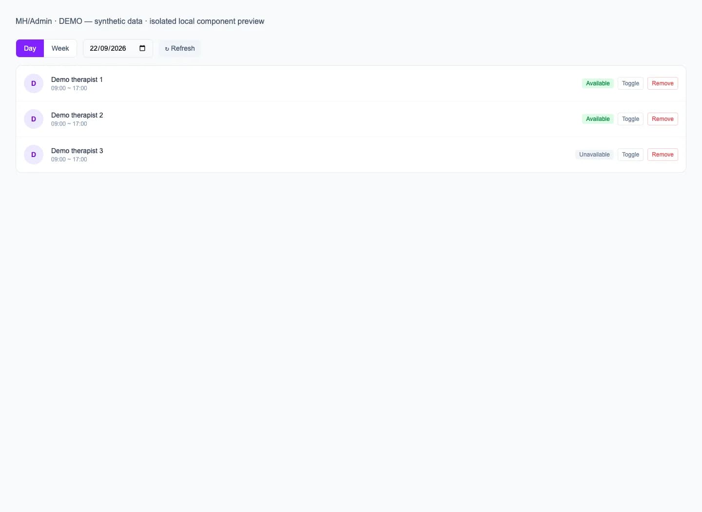 Staff and rosters — Actual Admin components rendered locally with synthetic demo data; not a live shop.